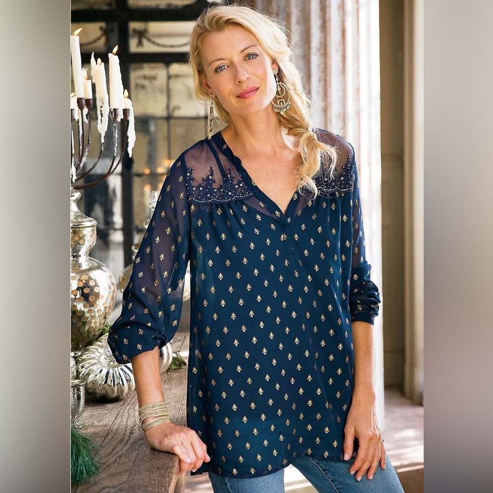 Soft Surroundings Sheer Top with embroidered patterns and beaded detailing